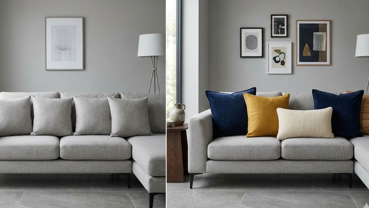 divano grigio senza cuscini e con cuscini colorati: differenze