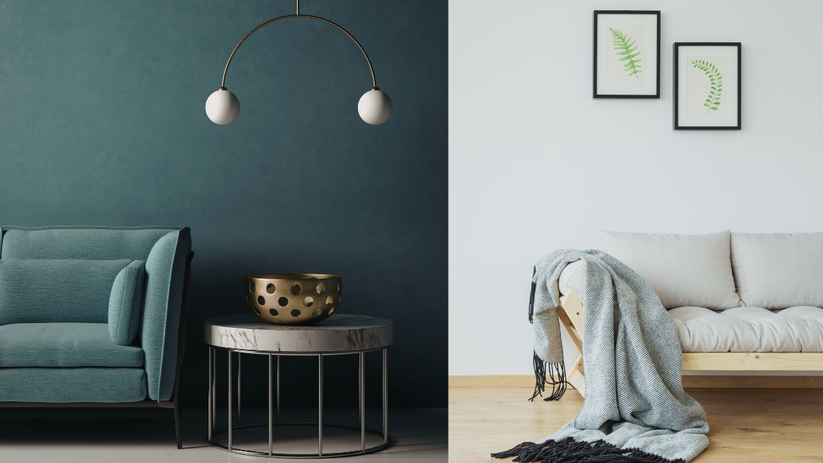 salotto verde e divano chiaro