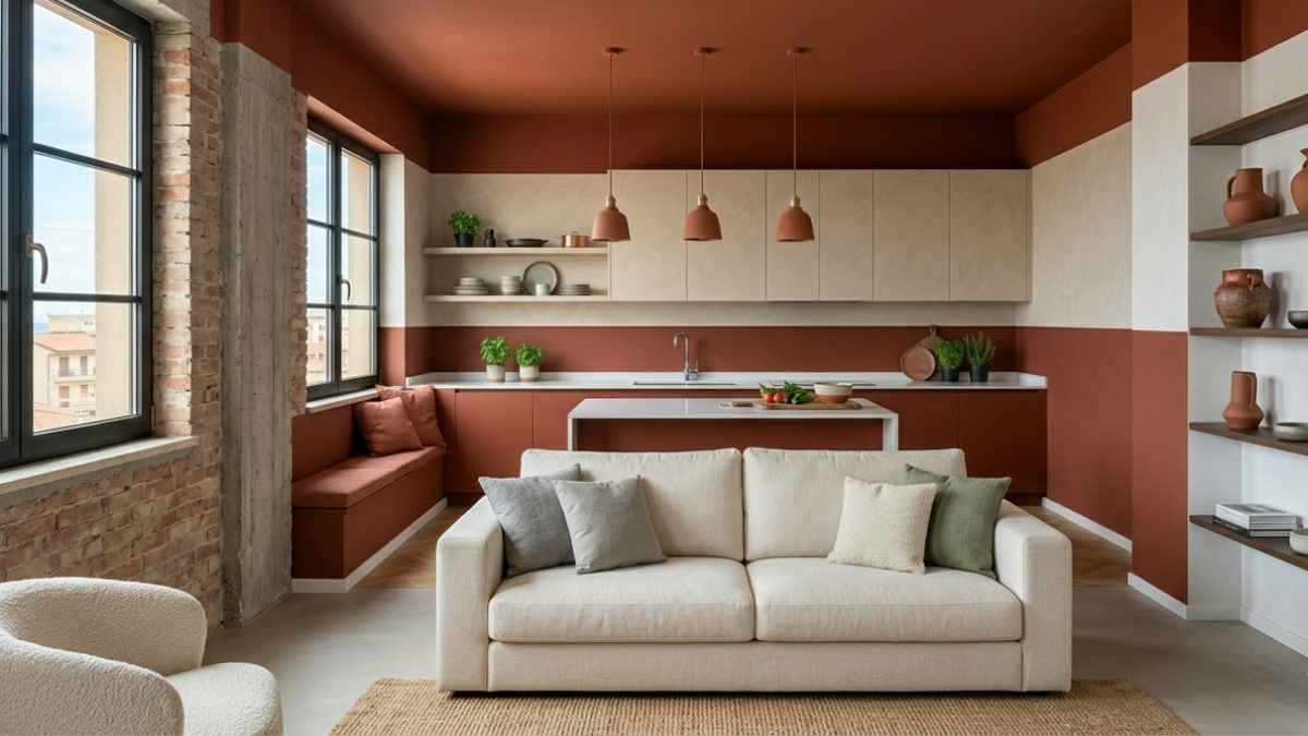 open space con cucina e salotto con pareti half painted sui toni terracotta e sabbia