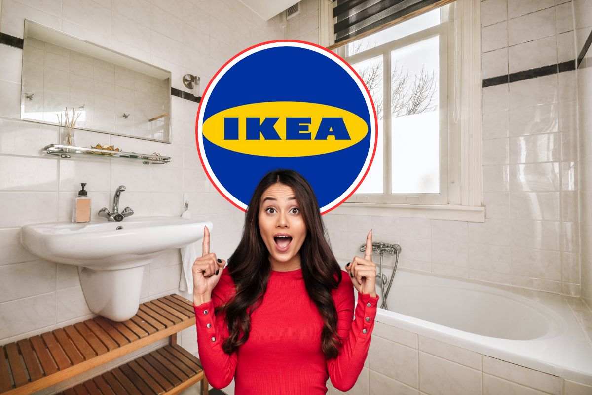 piccolo bagno in cui c'è una donna stupita che indica il logo ikea