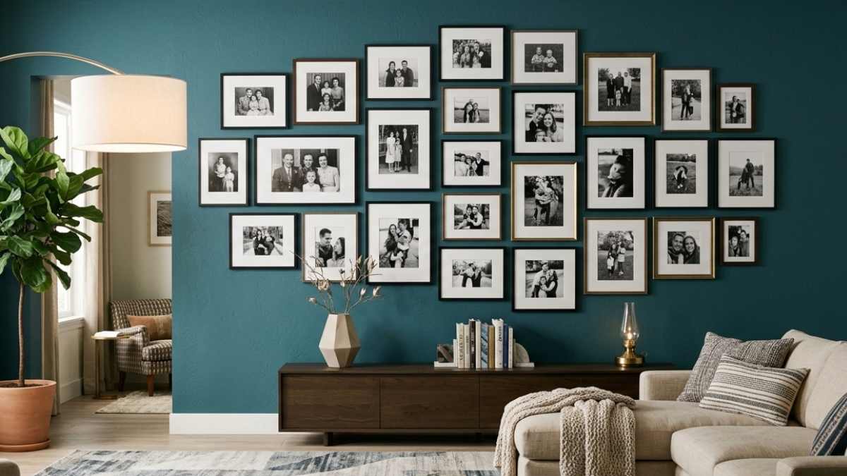 foto di fmiglia appese nella parete del salotto