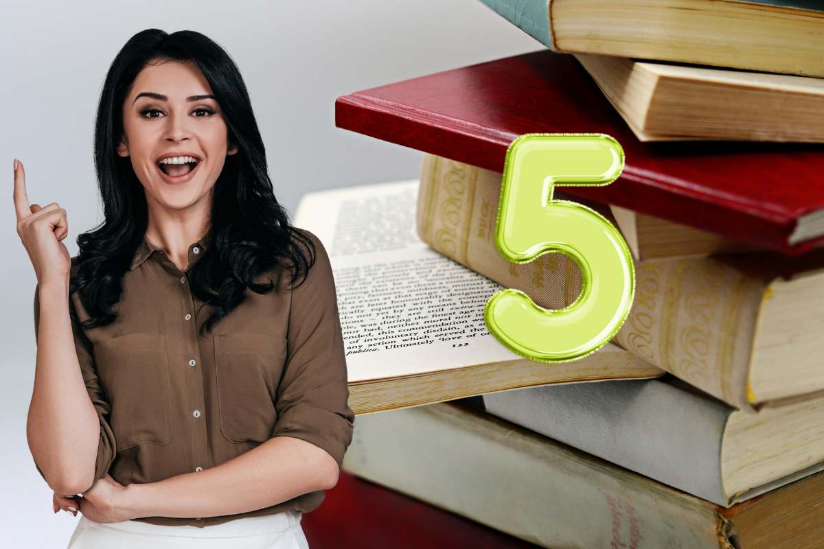 libri impilati donna con idea e numero 5