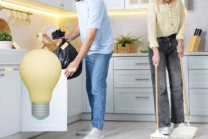 coppia che pulisce casa e lampadina gialla per idea