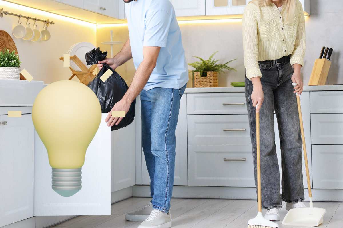 coppia che pulisce casa e lampadina gialla per idea