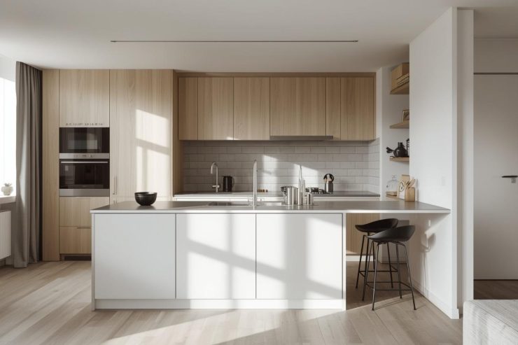 A kitchen with a folding peninsula