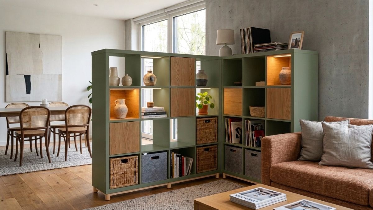 kallaxdipinto di verde  in un salotto japandi