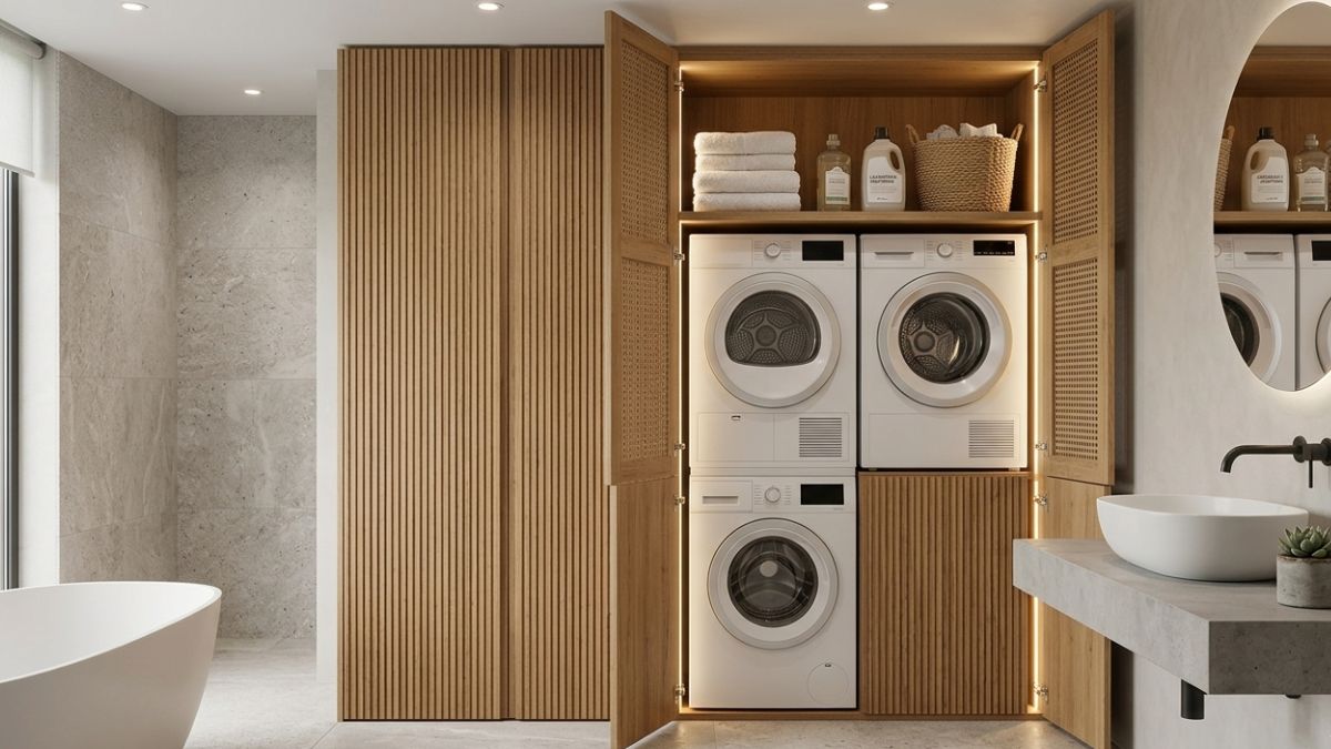 lavanderia bagno con mobile per nascondere lavatrice