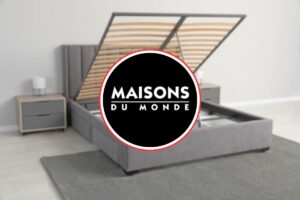 letto con vano contenitore e logo maisons du monde