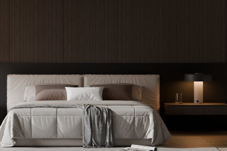 Una camera da letto moderna con una mensola che funge da comodino