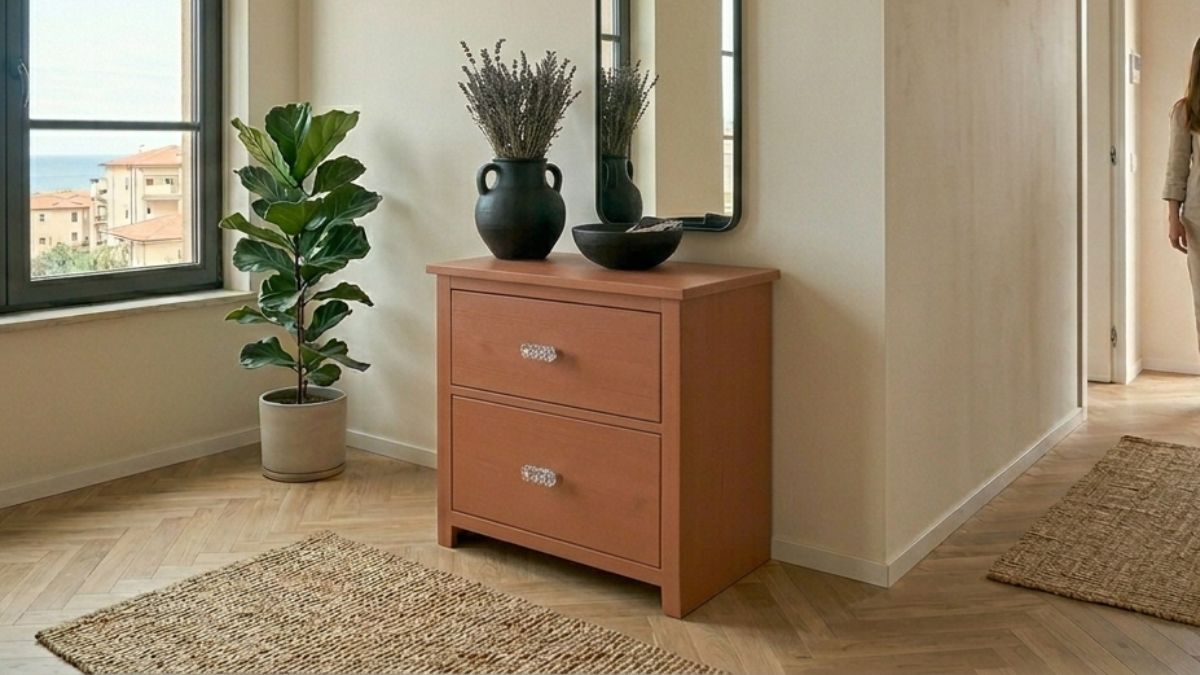 cassettiera sui toni della terracotta in un ingresso