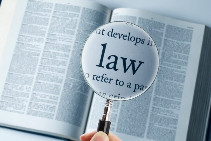 Una persona che con una lente di ingrandimento inquadra in un libro di legge la parola "law"