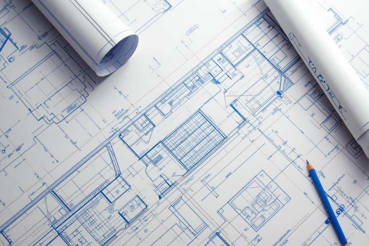 Delle planimetrie sul tavolo con sopra una matita