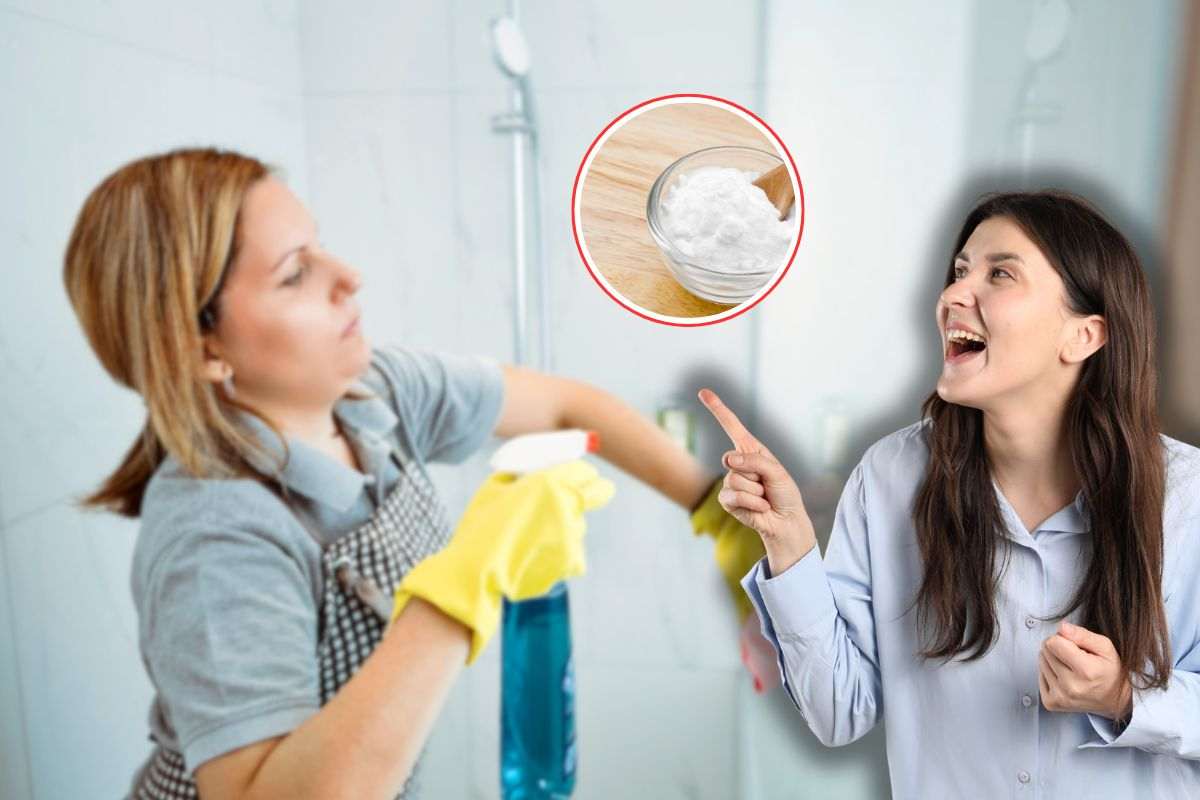 donna pulisce box doccia, bicarbonato in icona rossa e donna sorpresa