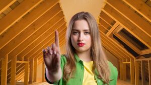 sottotetto in legno e donna che alza dito per attenzione