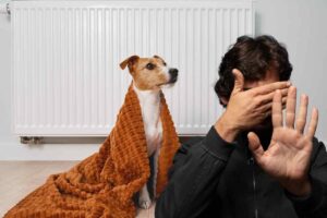 cane con la coperta per il freddo con dietro termosifone e uomo con mano che fa segno di no