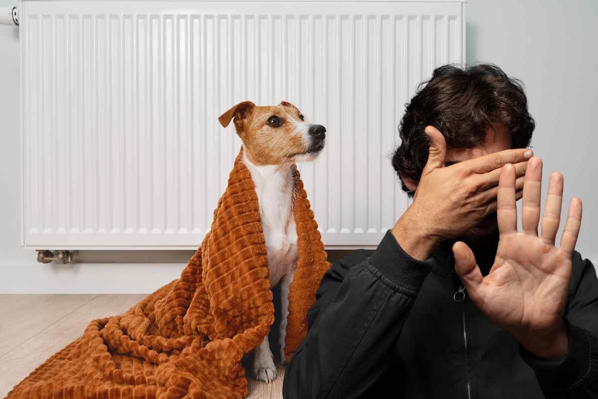 cane con la coperta per il freddo con dietro termosifone e uomo con mano che fa segno di no