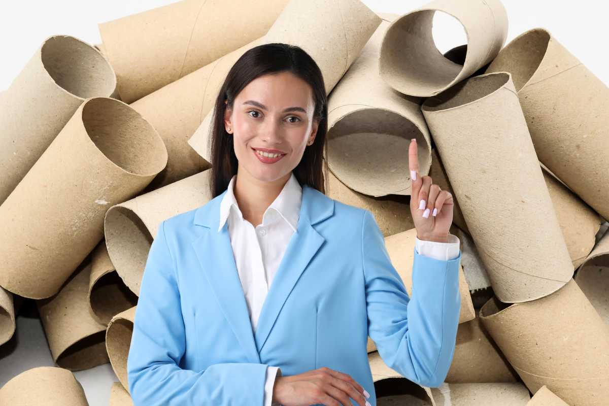 rotoli della carta igienica e donna con idea che li indica