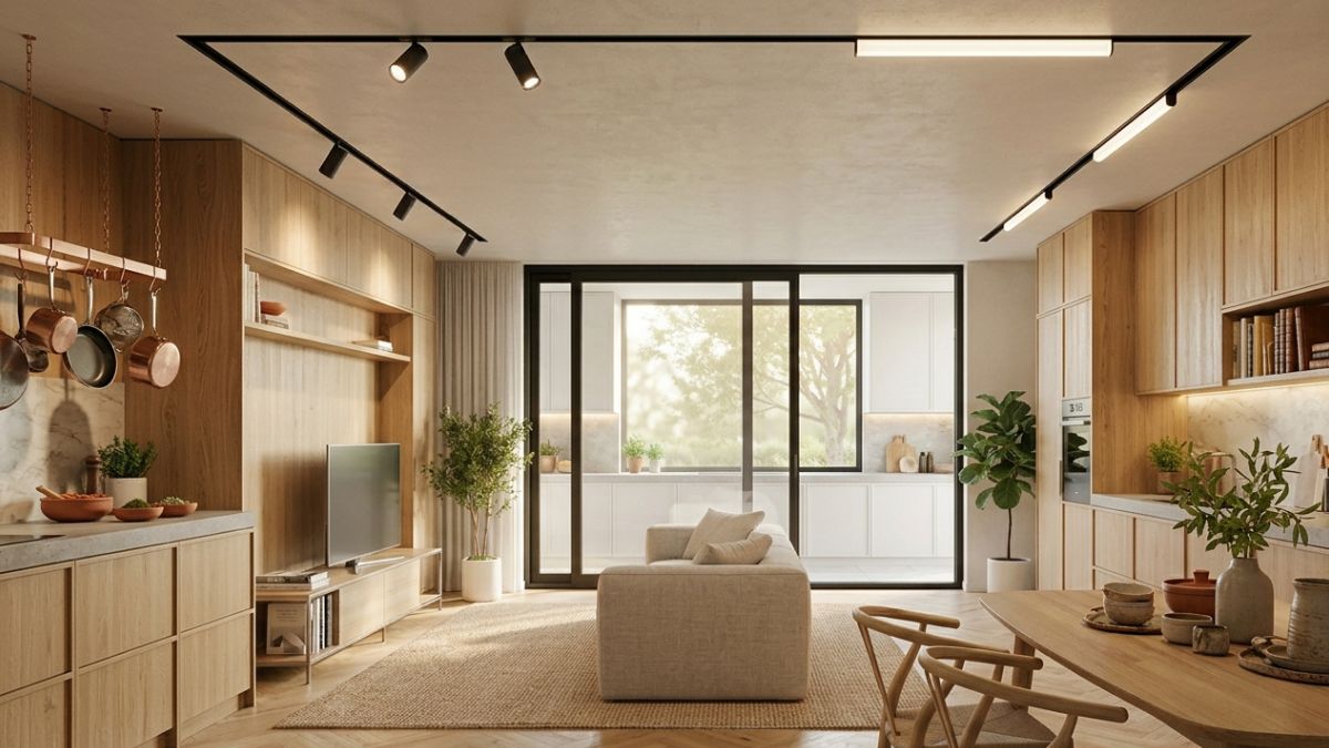 salotto con cucina annessa in legno chiaro e luci a binario