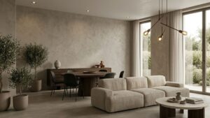 Il "Japandi" incontra il colore: abbina il grigio pietra a mobili neri opachi minimali