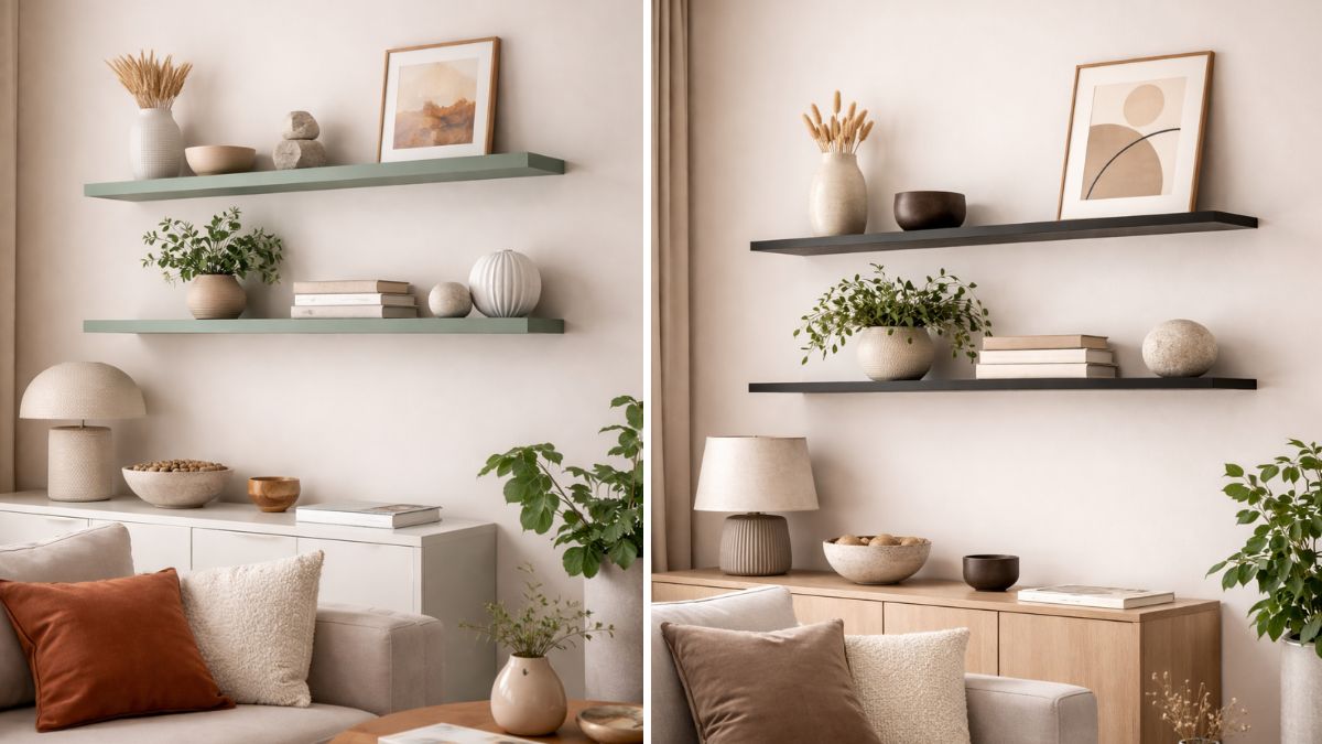 salotti con stili diversi e mensole di materiale differente