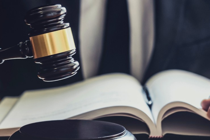 Un giudice che ha un martello da giudice in mano e un libro di legge davanti