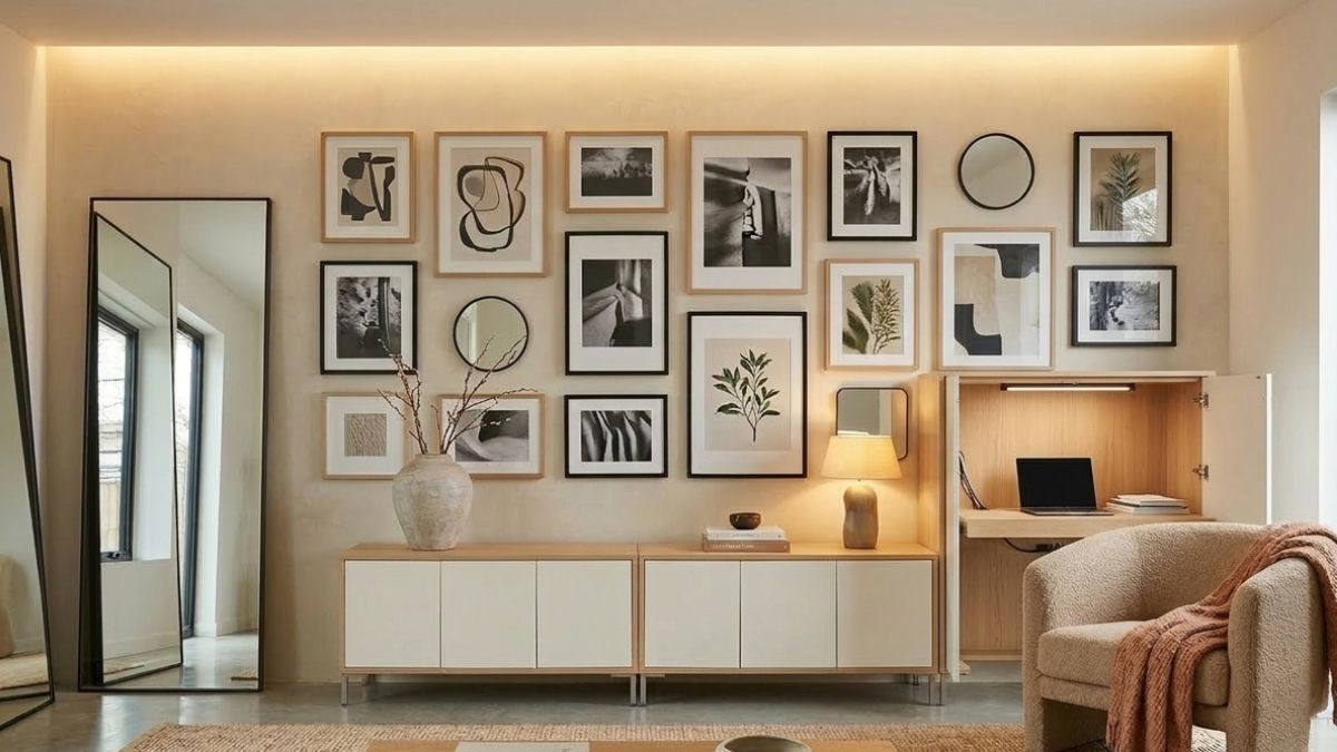 salotto con gallery wall e soluzione nascosta ufficio