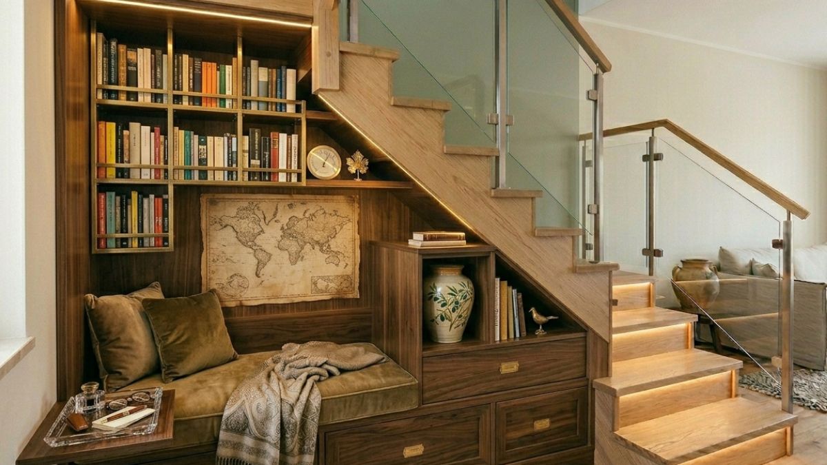 sottoscala adibita ad angolo relax o libreria