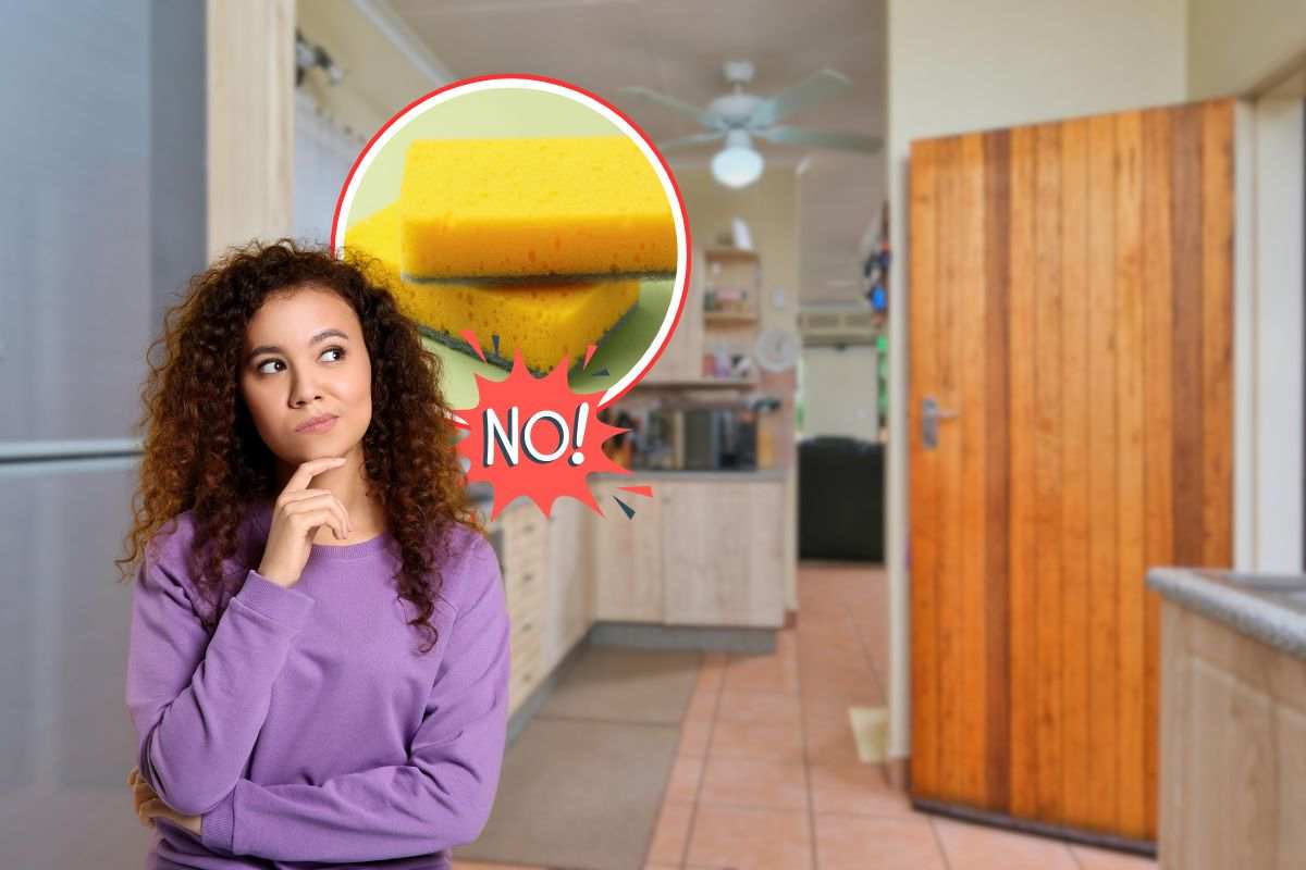 cucina sullo sfondo, donna che pensa e scritta no su spugne