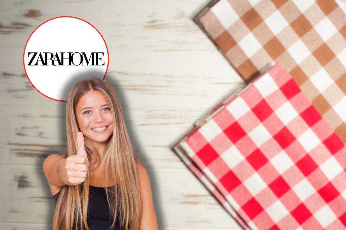 strofinacci da cucina su superficie in legno, logo zara home e donna che fa ok con le mani