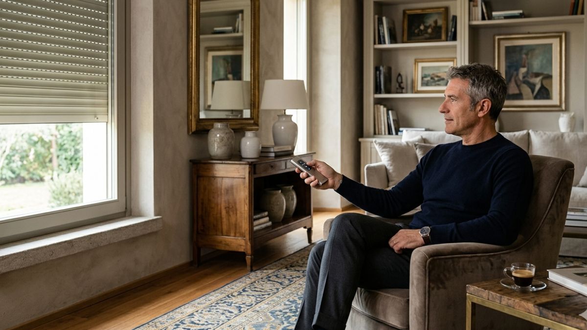 uomo con telecomando in mano e tapparella domotica