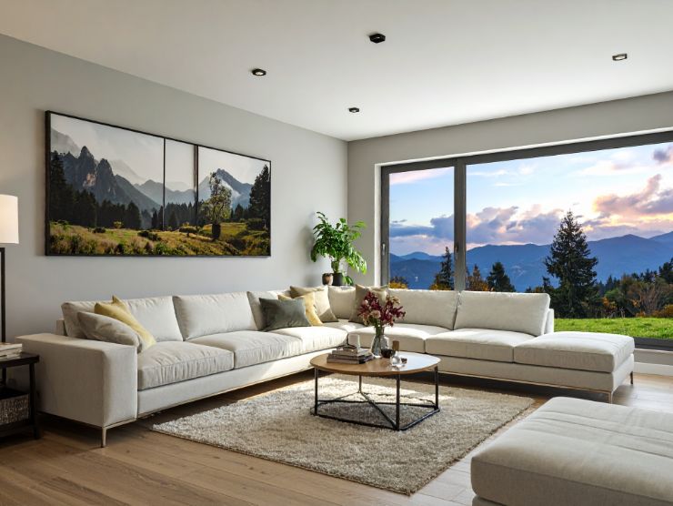 ampio soggiorno con finestrone, divano e tappeto