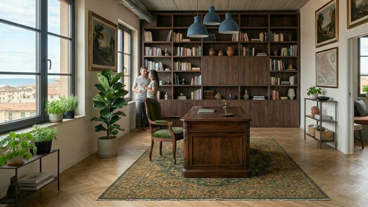 salotto con tappeto sotto la scrivania