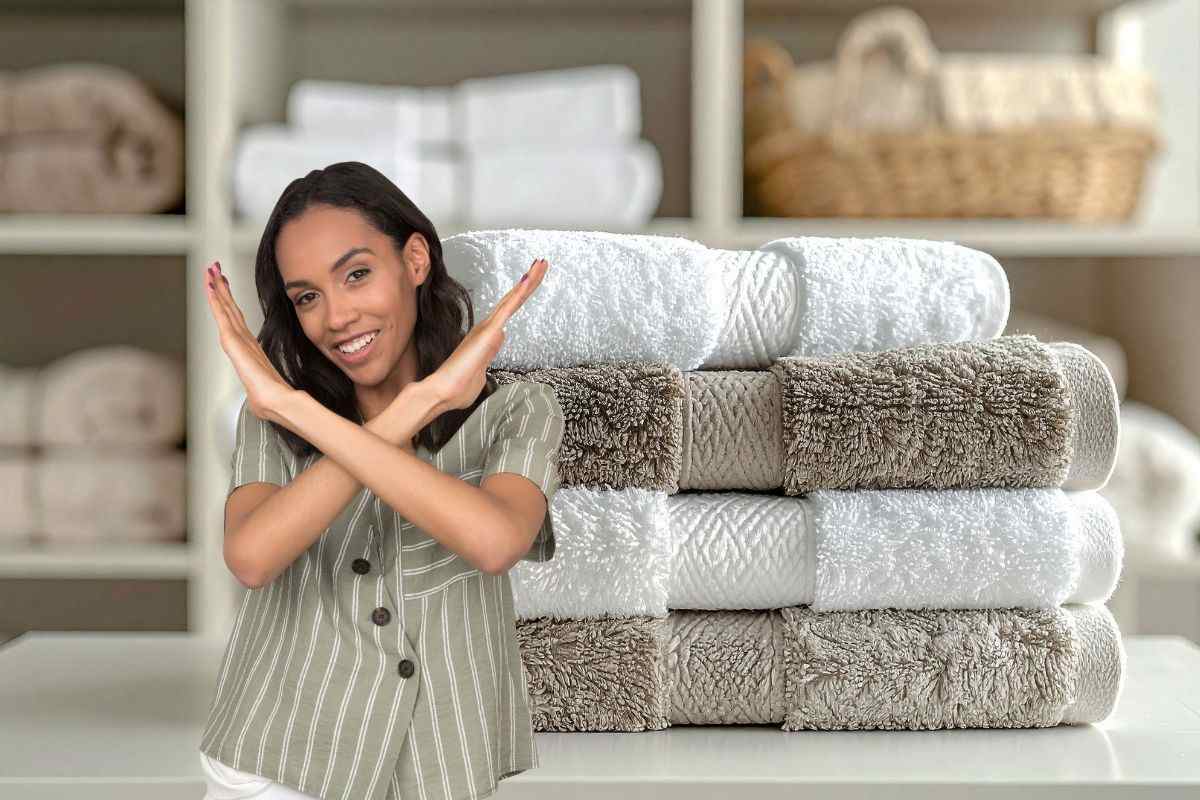 diversi asciugamani piegati e donna che dice no