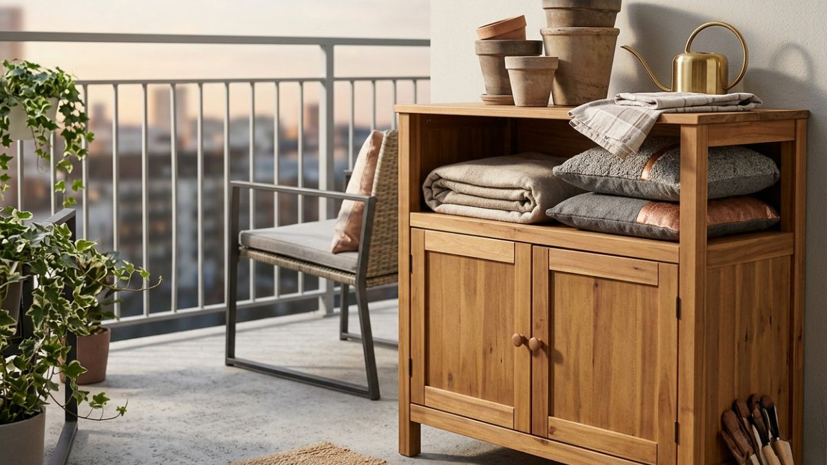 Un semplice mobile multiuso in balcone di Maisons du Monde e lo spazio diventa vivibile