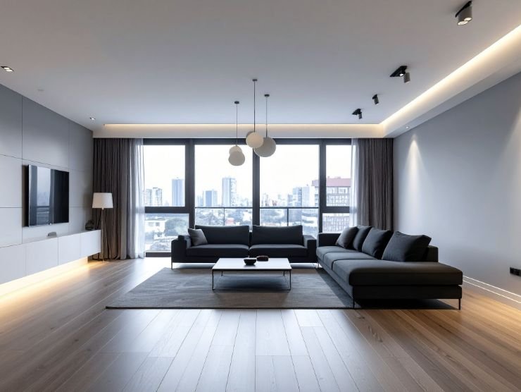 ampio soggiorno moderno con divani e tv a parete