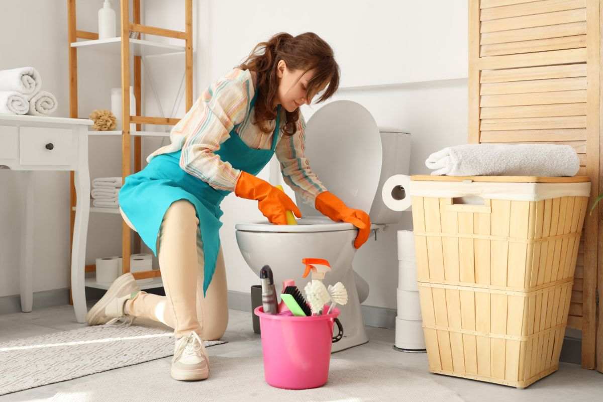 donna pulisce wc