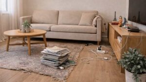 salotto in disordine con oggetti da eliminare