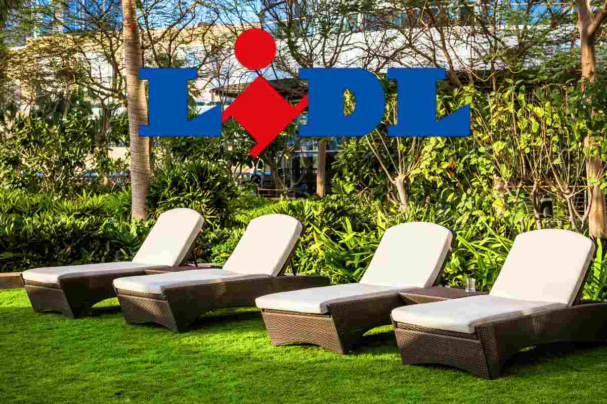 Dei lettini da sole messi all'esterno ed in alto la scritta LIDL