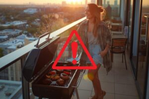 Una ragazza che sta facendo il barbecue su un balcone ed un segnale di pericolo in primo piano