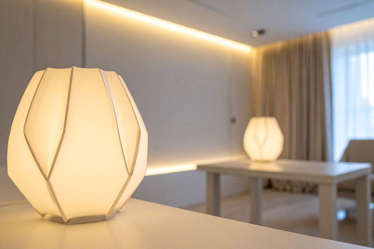 piccolo abat jour sul comodino che si riflette in una stanza