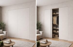 Un armadio scorrevole a scomparsa, sulla sinistra tutto chiuso e sulla destra semi-aperto