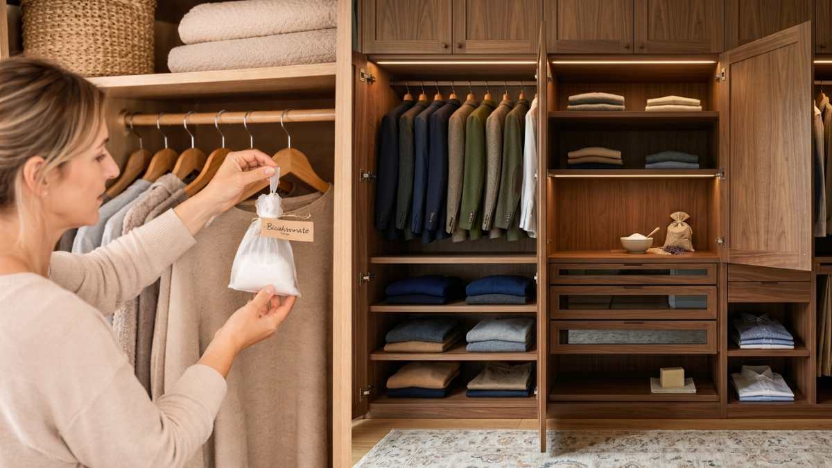 donna che mette un sacchetto di bicarbonato dentro l'armadio