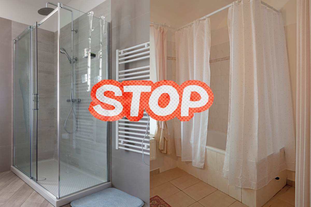 Sulla sinistra un box doccia e una tenda da doccia sulla destra ed in mezzo una scritta "stop"