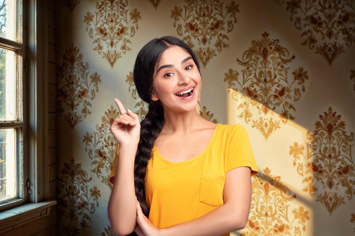 donna con alle spalle parte con carta da parati e lei ha idea