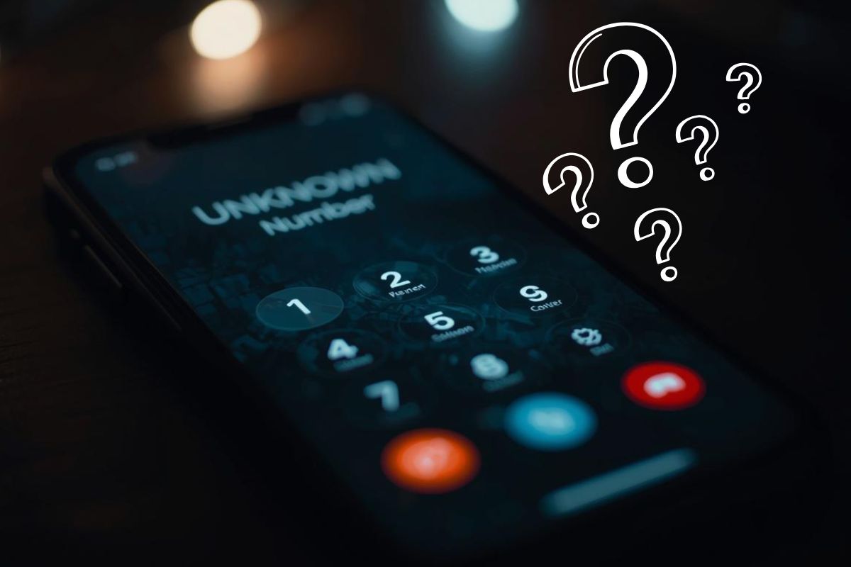 Un telefono con un numero sconosciuto e dei punti interrogativi in alto a destra