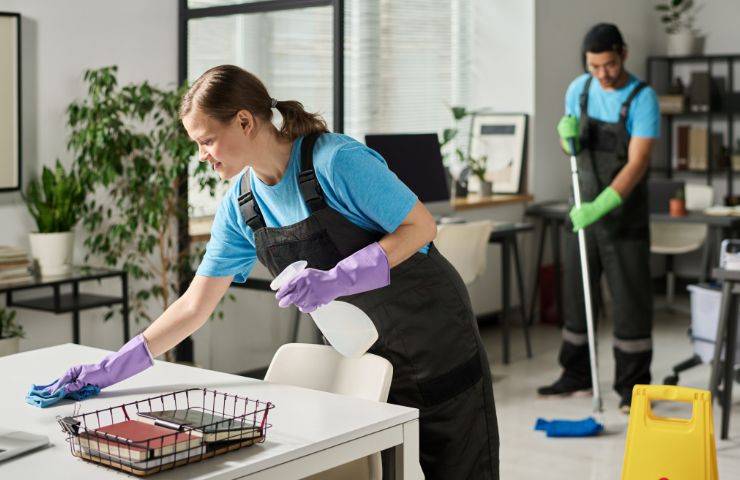 donna di pulizie che rimuove la polvere