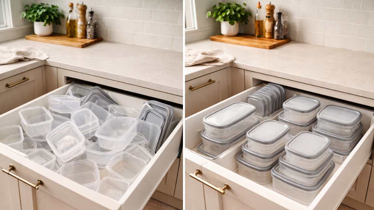 prima e dopo di contenitori disordinati e contenitori ordinati