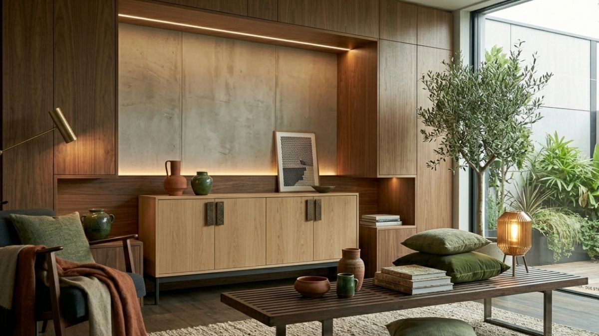 Legno chiaro e metalli caldi: il contrasto che eleva subito