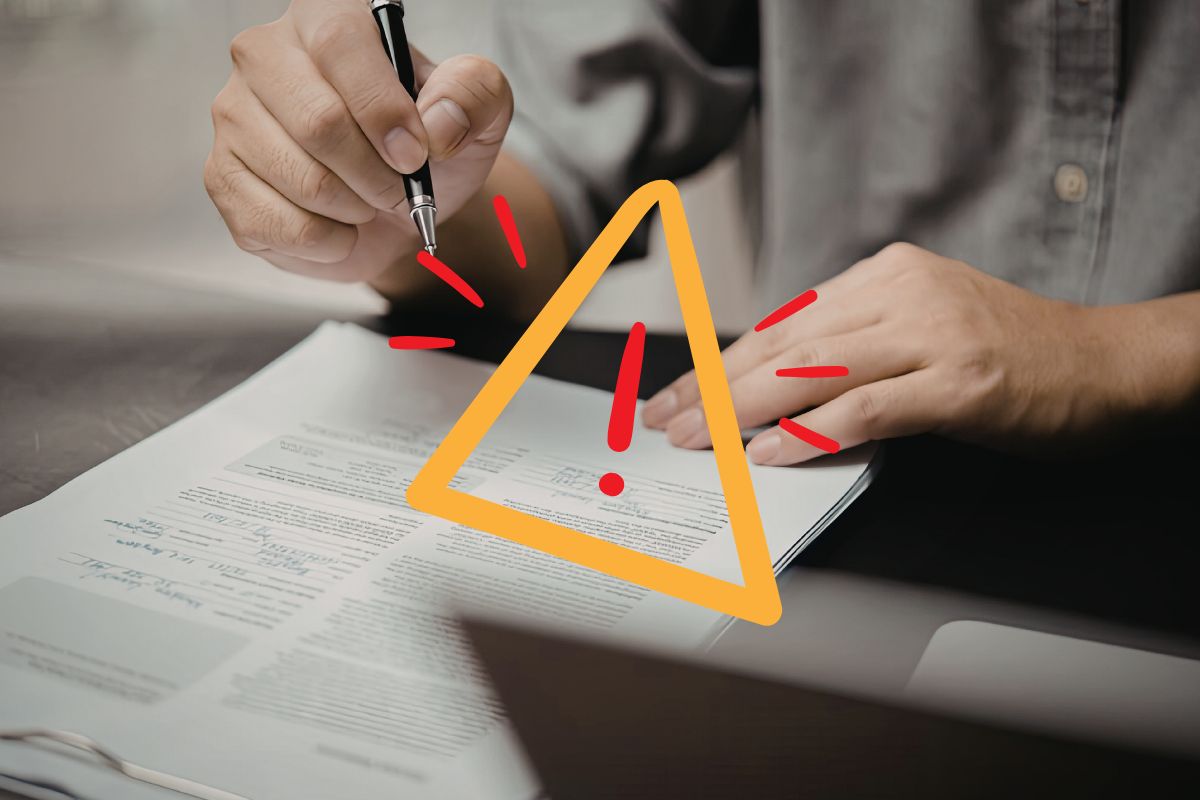 Una persona che firma un contratto ed un segnale di pericolo in primo piano