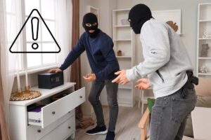 Dei ladri che stanno derubando una casa ed un segnale di pericolo in alto a sinistra